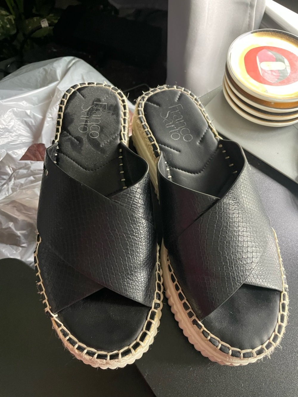 Franco Sarto Black Crisscross Espadrille Mule with Natural Rope Sole